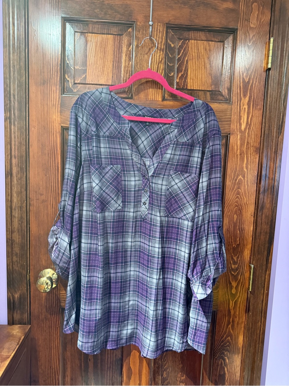 torrid Purple and Gray Plaid Roll-Sleeve Tunic Blouse